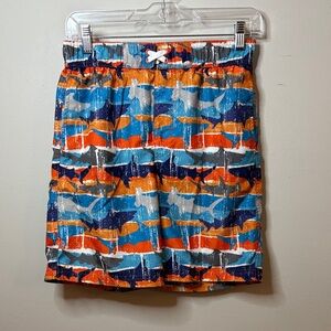 Revolution Blue & Orange Shark-Print Kids Swim Trunks